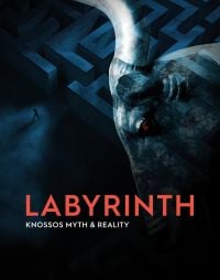 Profile of minotaur with red eyes, maze behind, 'LABYRINTH, Knossos Myth and Reality, in pink, and white font below.