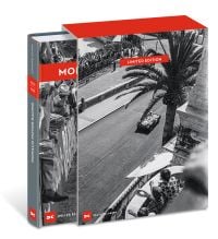 Book cover of Monaco Motor Racing, Edward Quinn. Motorsport 1950 - 1965, featuring an aerial shot of old racing car, driving on road as it passes waving spectators. Published by Delius Klasing Verlag GmbH.