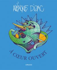 Graphic street art of bird with heart shaped eyes plunging knife into breast, ALËXONE DIZAC, in white font, on blue cover above.