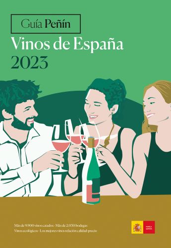 Three wine drinkers clinking glasses, Guía Peñín Vinos de España 2023, in black and white font above.