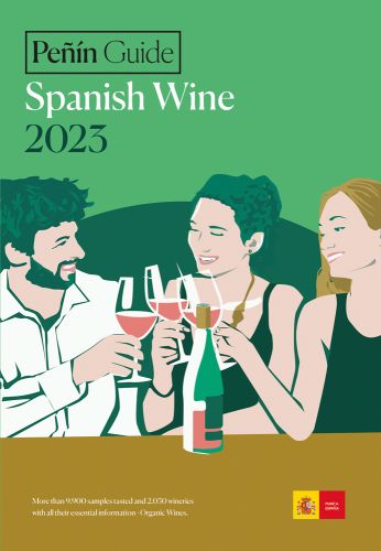 Three wine drinkers clinking glasses, Peñín Guide Spanish Wine 2023, in black and white font above.