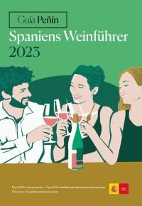 Three wine drinkers clinking glasses, Guía Peñín Spaniens Weinführer 2023, in black and white font above.