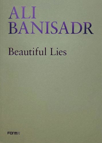 Purple capitalised font to top of olive green cover of 'Ali Banisadr. Beautiful Lies', by Forma Edizioni.
