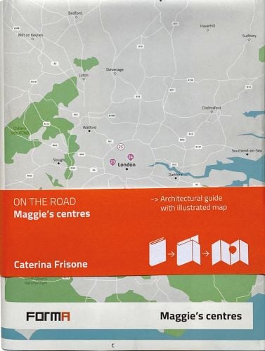 Aerial map of south east England, on cover of 'Maggie's Centres, On the Road', by Forma Edizioni.