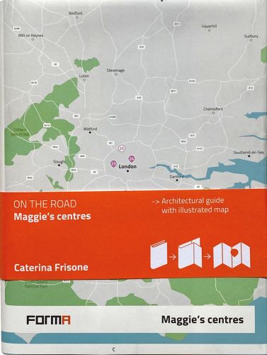 Aerial map of south east England, on cover of 'Maggie's Centres, On the Road', by Forma Edizioni.