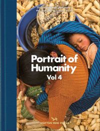 Aerial view of mother with young child wrapped in a blue blanket on her back, while she scrapes corn from cobs, on cover of 'Portrait of Humanity Vol 4', by Hoxton Mini Press.