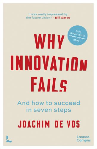 WHY INNOVATION FAILS in red slanted font, on beige cover, by Lannoo Publishers.
