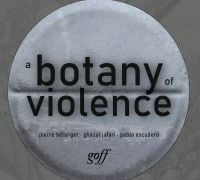 Grey floral print cover with large round white pill with indentation for halving and a botany of violence in black font