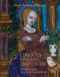 Detail of enamel triptych in Limoges, female figure in dark red dress, LIMOGES ENAMEL TRIPTYCHS in gold font below, by Officina Libraria.