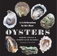 Seven oyster shells on black cover of 'Oysters, A Celebration in the Raw', by Abbeville Press.