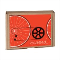 teNeues Notecard stationery box with bicycle wheels and chain, on orange cover, 'onward' in white font below.