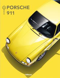 Aerial view of yellow Porsche 911, ICONICARS PORSCHE 911, in grey font to top left corner of yellow cover.