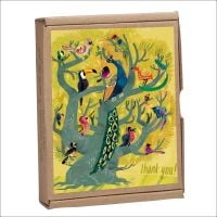 teNeues Notecard box with Meg Hunt's illustration of tropical birds sitting in a large tree, 'thank you!' to bottom right corner.