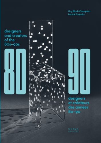 Clear perspex chair with white dots, in exhibition space, on cover of designers of 'Designers and Creators of the '80s - '90s, Furniture and Interiors', by Editions Norma.