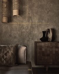 Interior living space in brown tones, with mosaic fronted cabinet on cover of 'Contemporary Wabi-Sabi Style', by Artpower International.