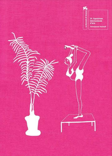 Pink book cover of The Monumentality of the Everyday, with female figure standing on platform, stretching one leg over head, potted palm tree to left. Published by Verlag Kettler.