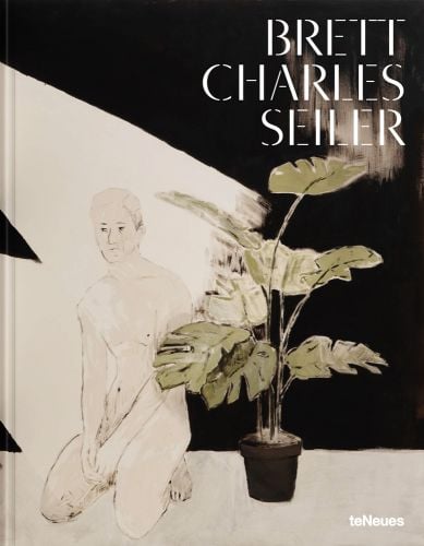 Nude white male kneeing on floor, next to potted house palm tree, 'BRETT CHARLES SEILER', in white font to top right.