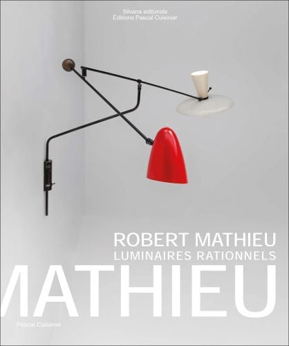 Modern light fixed to white wall, with two lamps, 'ROBERT MATHIEU', in white font below, by Silvana.