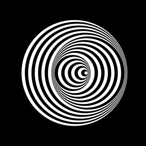 Hypnotic black and white spiral on black cover, by Silvana.