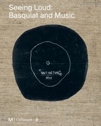 Now's the Time, plywood disc artwork, on beige linen cover, Seeing Loud: Basquiat and Music, in white font above.