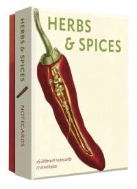 Botanical illustration of a red chili with a sliced portion exposing the seeds, on box of notecards, by Abbeville Press.