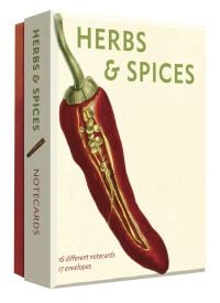 Notecard box of Herbs and Spices Detailed Notecard Set, featuring a botanical illustration of red chili with a sliced portion exposing the seeds. Published by Abbeville Press.