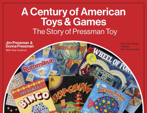 Collection of vintage board games, A Century of American Toys and Games, in white font above on red cover.