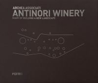 Dark brown cover with two horizontal landscape lines with circles of various sizes, on landscape cover of 'Archea Associati: Antinori Winery, Diary of Building a New Landscape', by Forma Edizioni.