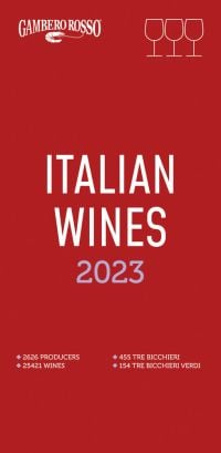 Book cover of Italian Wines 2023, with three wine glasses. Published by Gambero Rosso.