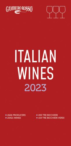 Three wine glasses to top right of red cover of 'Italian Wines 2023', by Gambero Rosso.