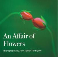 Macro photo of two red flower buds opening, to green cover of An Affair of Flowers, by ORO Editions.