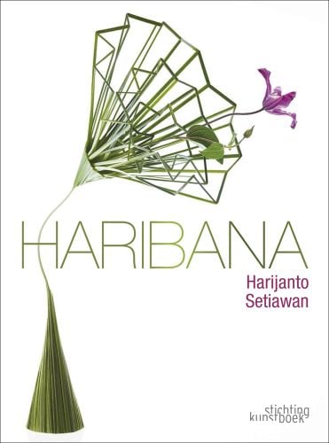 Haribana floral design of green trumpet with pink flower, on white cover, by Stichting.