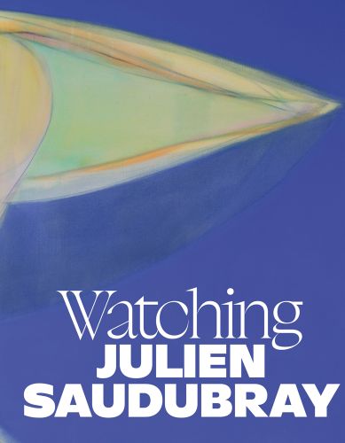 Detail of oil and pastel on canvas 'Watching #34', by Julien Saudubray, 'Watching, Julien Saudubray, in white font to bottom edge.