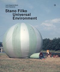 Large inflatable white and pale green striped ball, in field, 'Stano Filko', Universal Environment', in black font above.