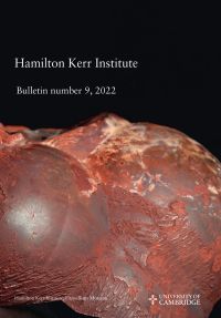Rusty red object, on black cover of 'Hamilton Kerr Institute Bulletin No. 9, 2022', by Archetype Publications.