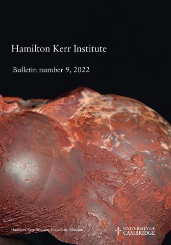 Rusty red object, on black cover of 'Hamilton Kerr Institute Bulletin No. 9, 2022', by Archetype Publications.