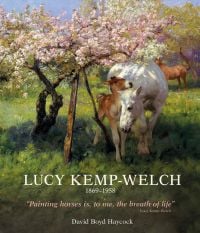 Painting of white horse with brown foal standing beneath a pink blossom tree in a field, 'LUCY KEMP-WELCH 1869-1958', in white font above.