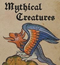 Fire-breathing dragon with large wings, perched on rock, on cover of 'Mythical Creatures', by Abbeville Press.