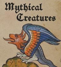 Book cover of Mythical Creatures, with a fire-breathing dragon with large wings, perched on rock. Published by Abbeville Press.