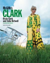 White female fashion model dressed in bright yellow and green 60s flared jumpsuit, biplane crashing behind, 'Mr & Mrs CLARK', in black, and green font to top left.
