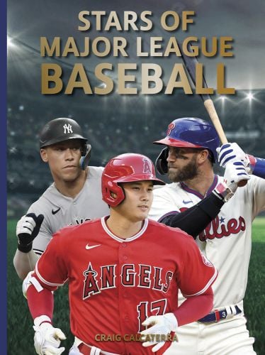 Book cover of Stars of Major League Baseball, with Aaron Judge of New York Yankees, Shohei Ohtani of Los Angeles Angels, and Bryce Harper of Philadelphia Phillies, in action. Published by Abbeville Press.