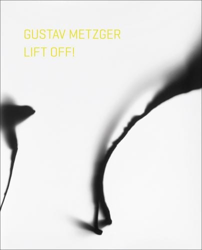 Black abstract marks on white cover of 'Gustav Metzger Lift Off!', by Kettle's Yard, University of Cambridge.