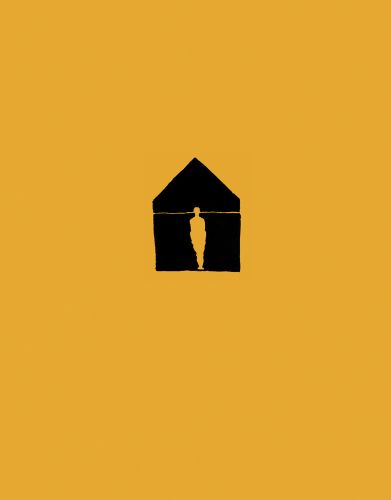Black house shape with yellow figure to center, on yellow cover of 'Antony Gormley SUBJECT', by Kettle's Yard.