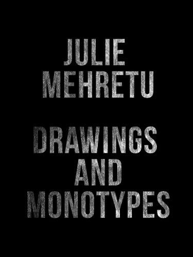 Capitalized distressed font in white and gray, on black cover of 'Julie Mehretu, Drawings and Monotypes', by Kettle's Yard, University of Cambridge.
