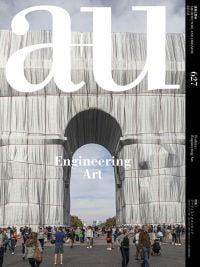 Magazine cover of a+u 22:12, 627: Feature: Engineering Art, with the temporary art installation by artists Christo and Jeanne-Claude where the Arc de Triomphe in Paris was wrapped in a silver-blue fabric. Published by Shinkenchiku-Sha Co., Ltd.