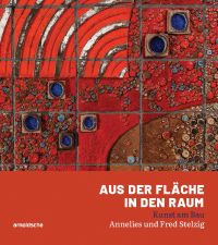 Decorative ceramic tiles in orange and blue, on cover of 'Aus der Fläche in den Raum', by Arnoldsche Art Publishers.