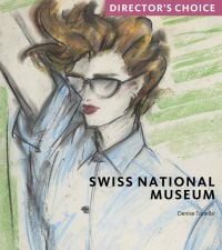 Pastel drawing of white female in blue shirt, sunglasses and red lipstick, on cover of 'Swiss National Museum' by Scala Arts & Heritage Publishers.