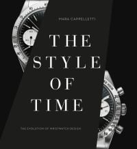 Two halves of a luxury silver wristwatch, on black cover of 'The Style of Time', by ACC Art Books.