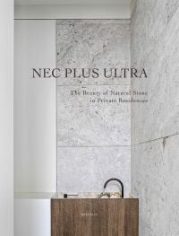 Interior bathroom with natural stone walls, sink below with wood surround, on cover of 'Nec Plus Ultra', by Beta-Plus.
