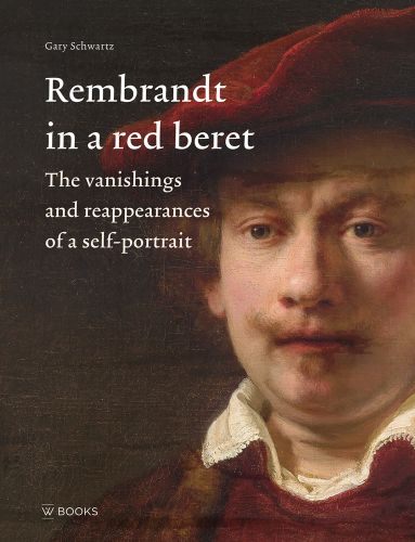 Self portrait painting of Rembrandt in a red beret, 'Rembrandt in a Red Beret', in white font to top left.